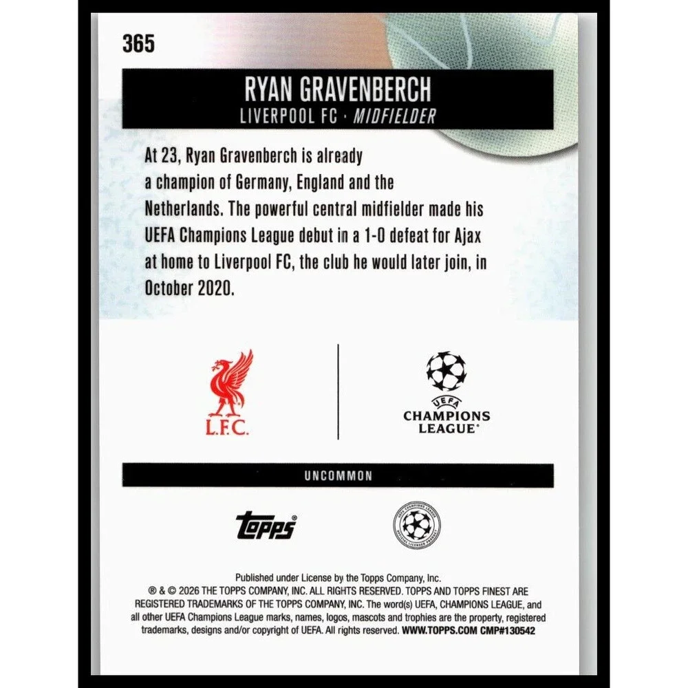 2025-26 Finest UEFA Ryan Gravenberch #365 Liverpool Uncommon